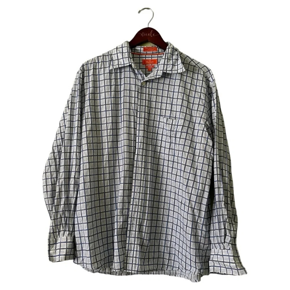 Facconable Menâs Button Down Plaid Striped Blue, White, Gray Shirt- Size Large
